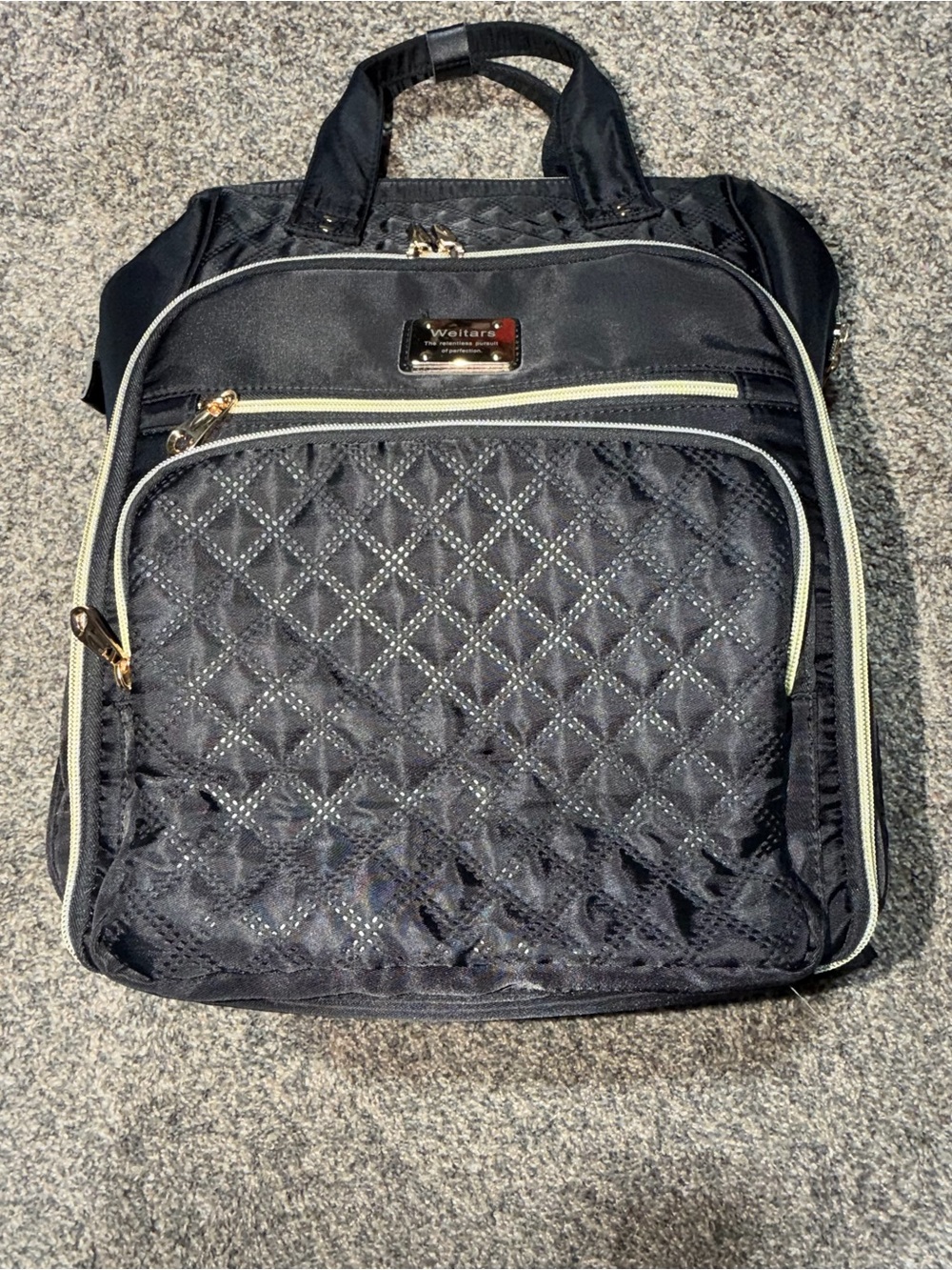Quilted Black Backpack Tote with Gold Accents